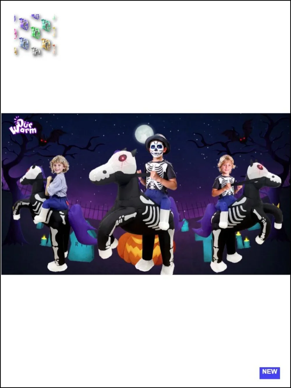 Inflatable Skeleton Horse Costume Kid's Halloween with LED Eyes, 100% Polyester